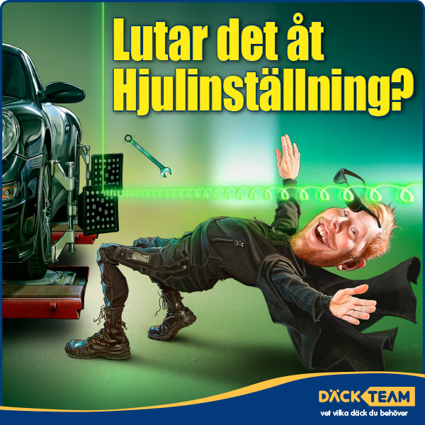 Teckning på Pelle från Tälje Däckservice, för kampanjen "Lutar det år Hjulinställning?"