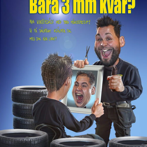 Humoristiskt tecknad bild som illustrerar "bara 3 mm kvar", apropå mönsterdjup på däck. Uppdrag till Däckteam Kristinehamn.