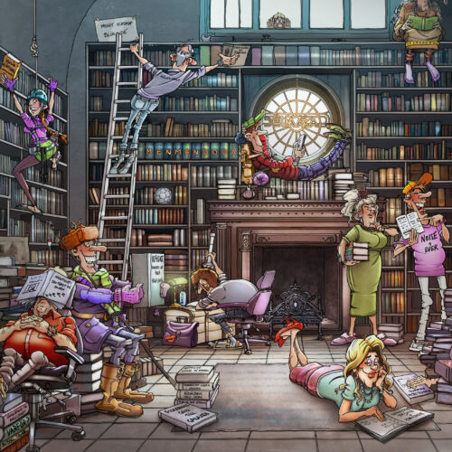 Teckning av Laj illustration AB som visar ett bibliotek för Camatec